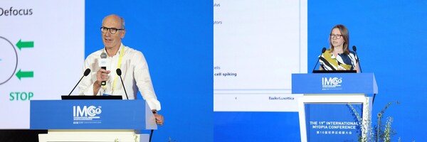 左：依視路陸遜梯卡首席科學官Norbert Gorny在專題會上進行分享，展望近視管理的未來 右：依視路陸遜梯卡鏡片創新部，生命與光科學研發部Sarah Goethals分享了光學成像的前瞻研究