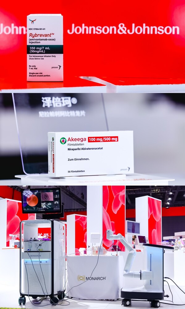 上起：強(qiáng)生創(chuàng)新制藥展出治療非小細(xì)胞肺癌EGFR突變的創(chuàng)新藥物Rybrevant® ；中國(guó)首個(gè)且目前唯一治療BRCA突變轉(zhuǎn)移性去勢(shì)抵抗性前列腺癌的復(fù)方制劑澤倍珂®；強(qiáng)生醫(yī)療科技全球首臺(tái)經(jīng)支氣管診療肺癌的數(shù)字化手術(shù)機(jī)器人MONARCH®